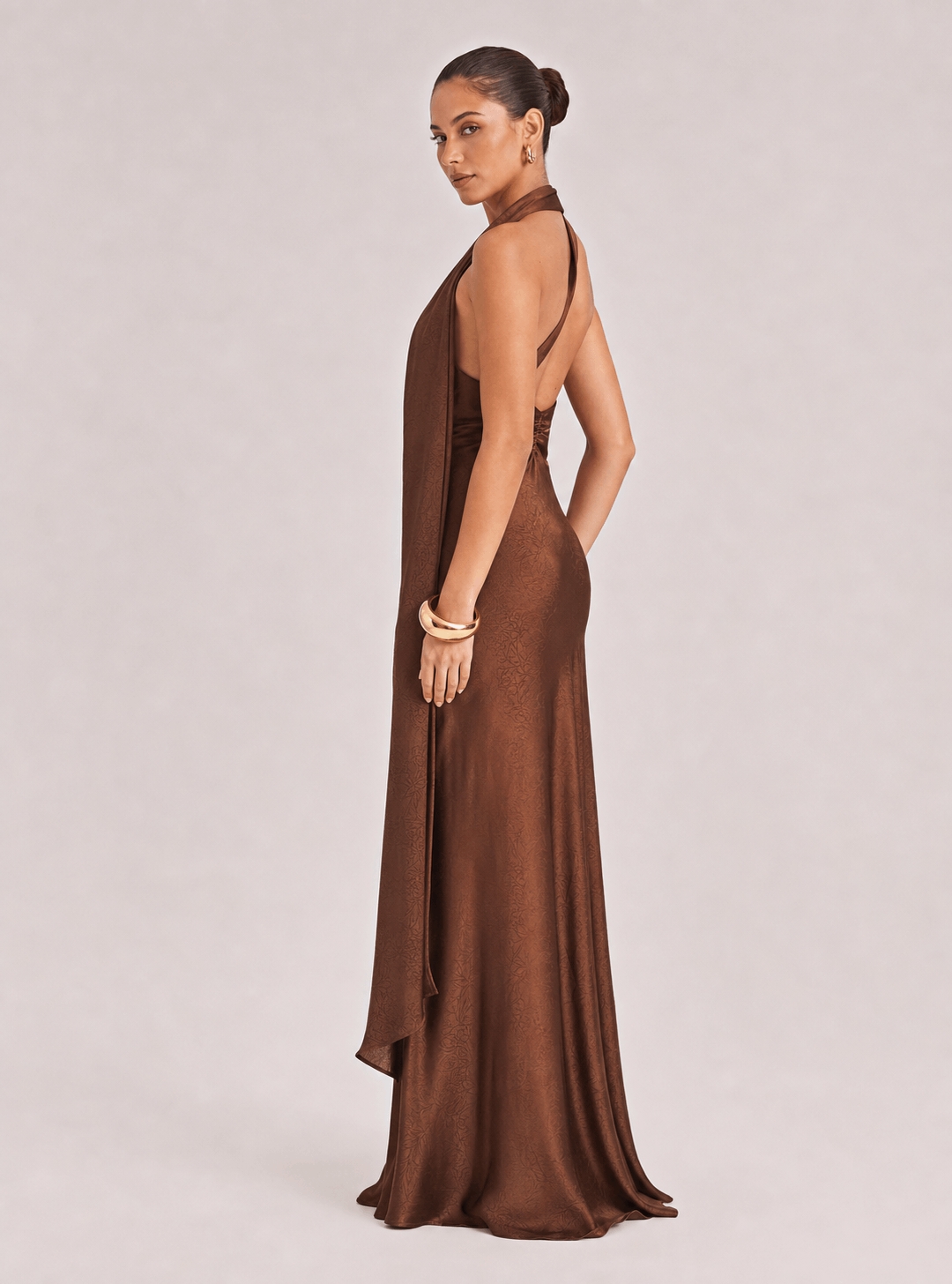 Elegant Bronze One-Shoulder Satin Maxi Dress