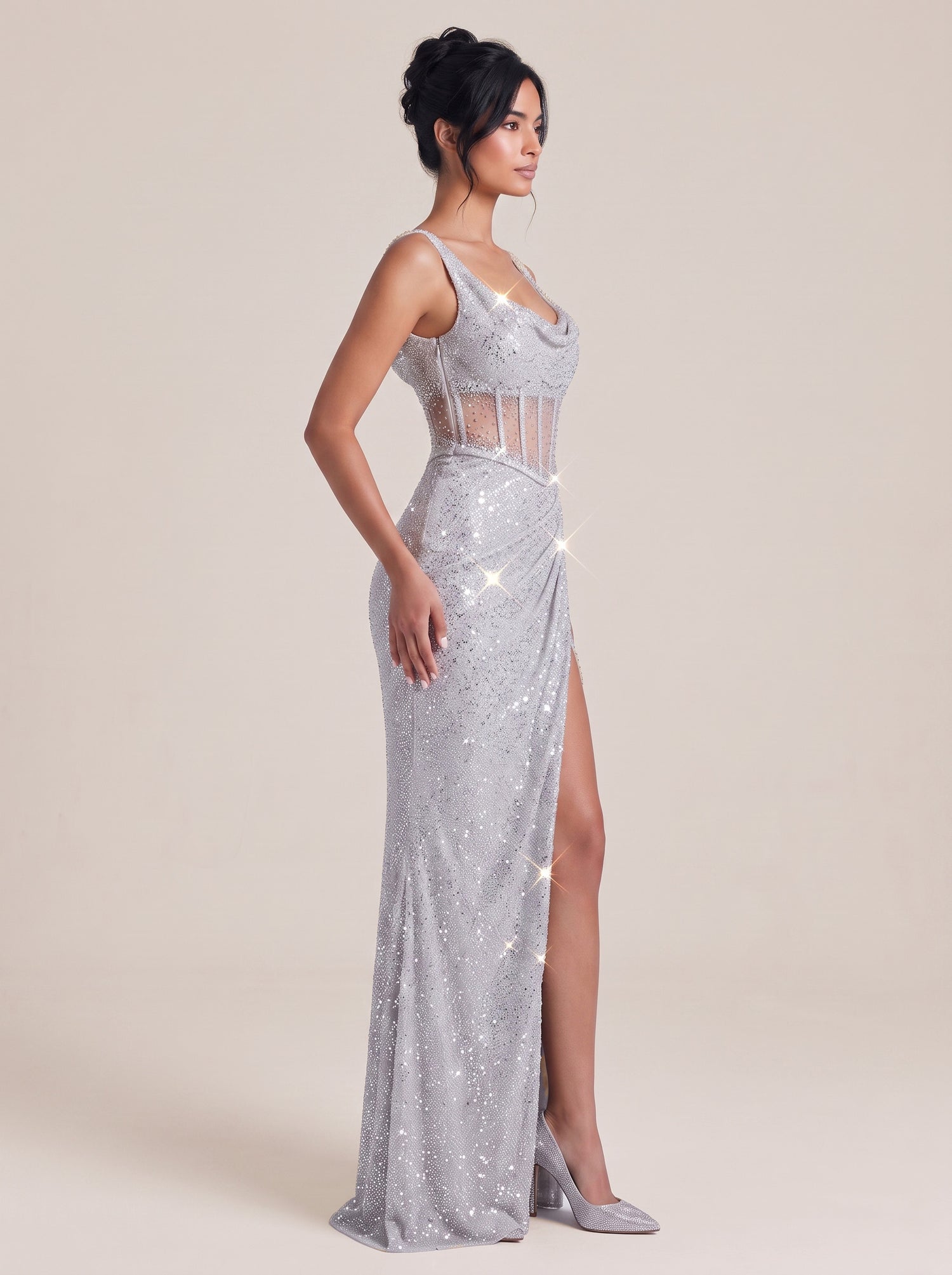 Silver Fine Strap Full Diamond Perspective Fishbone Waist High Split Fishtail Evening Dress