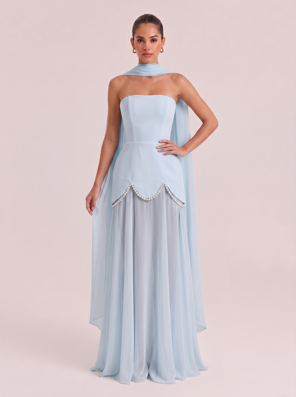 Strapless Shoulder Satin Pearl Stitching Chiffon Long Light Wedding Dress