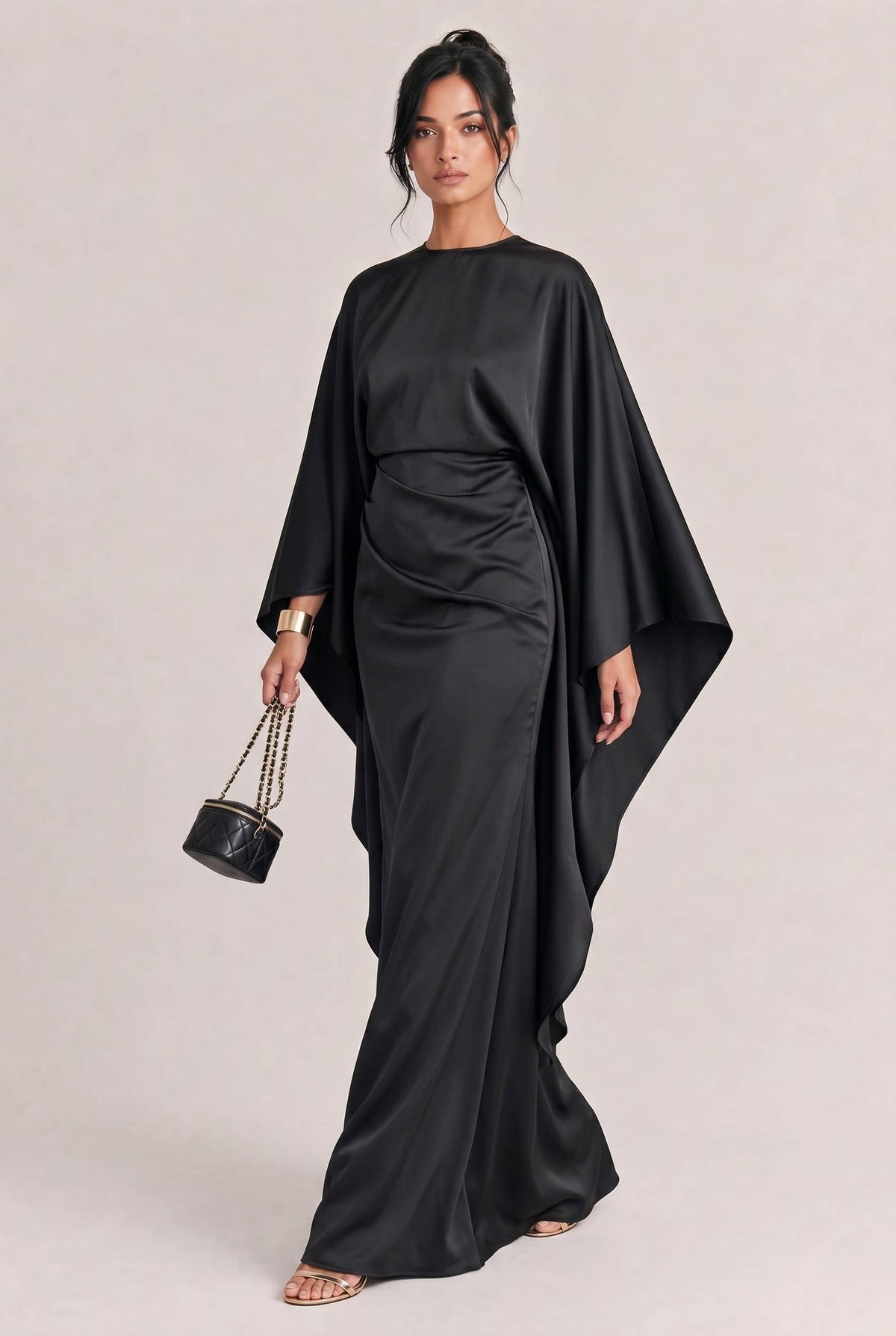 Elegant Satin Pleated Batwing Sleeve Maxi Dress