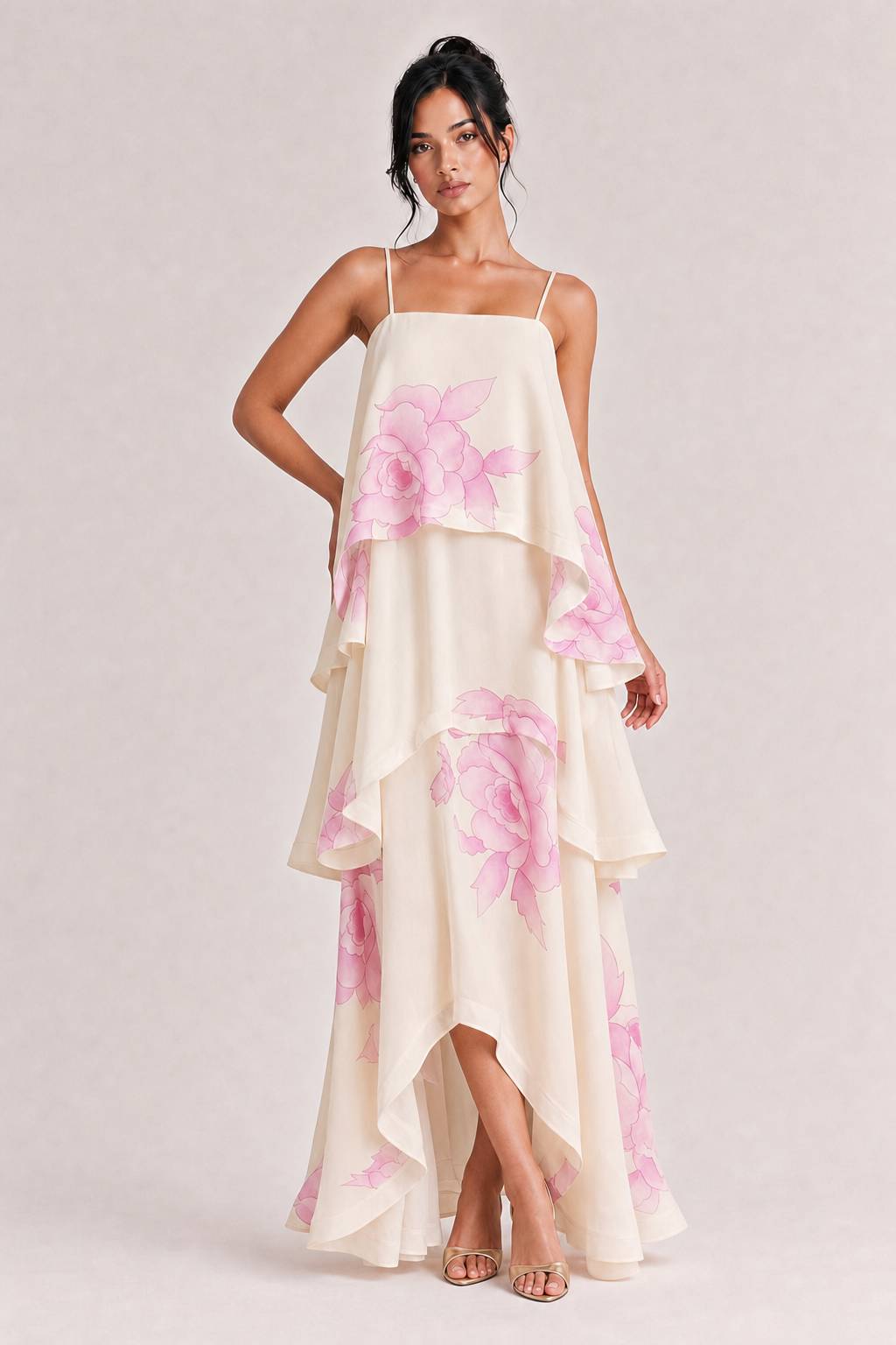 Elegant Floral Tiered Ruffle High-Low Organza Maxi Dress