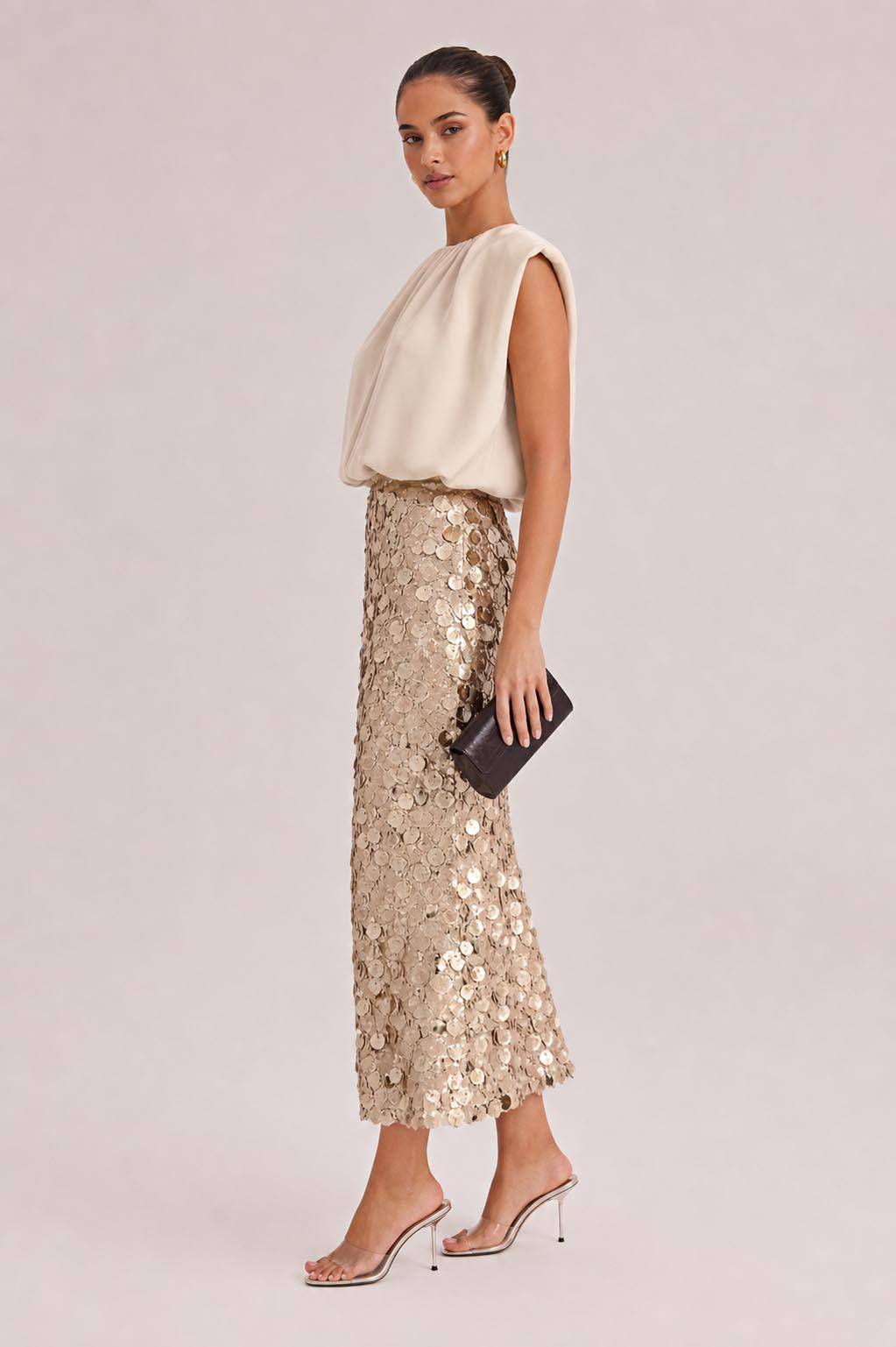Elegant Sleeveless Blouse & Sequin Midi Skirt Two-Piece Set