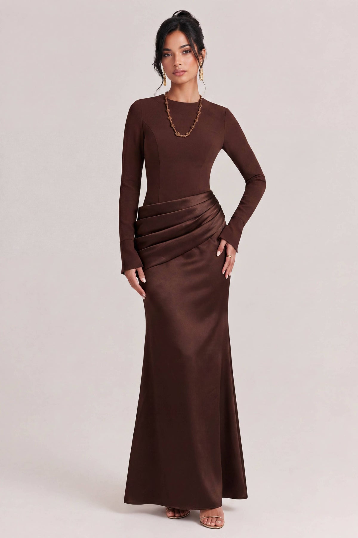 Elegant Long-Sleeved Draped Satin Maxi Dress