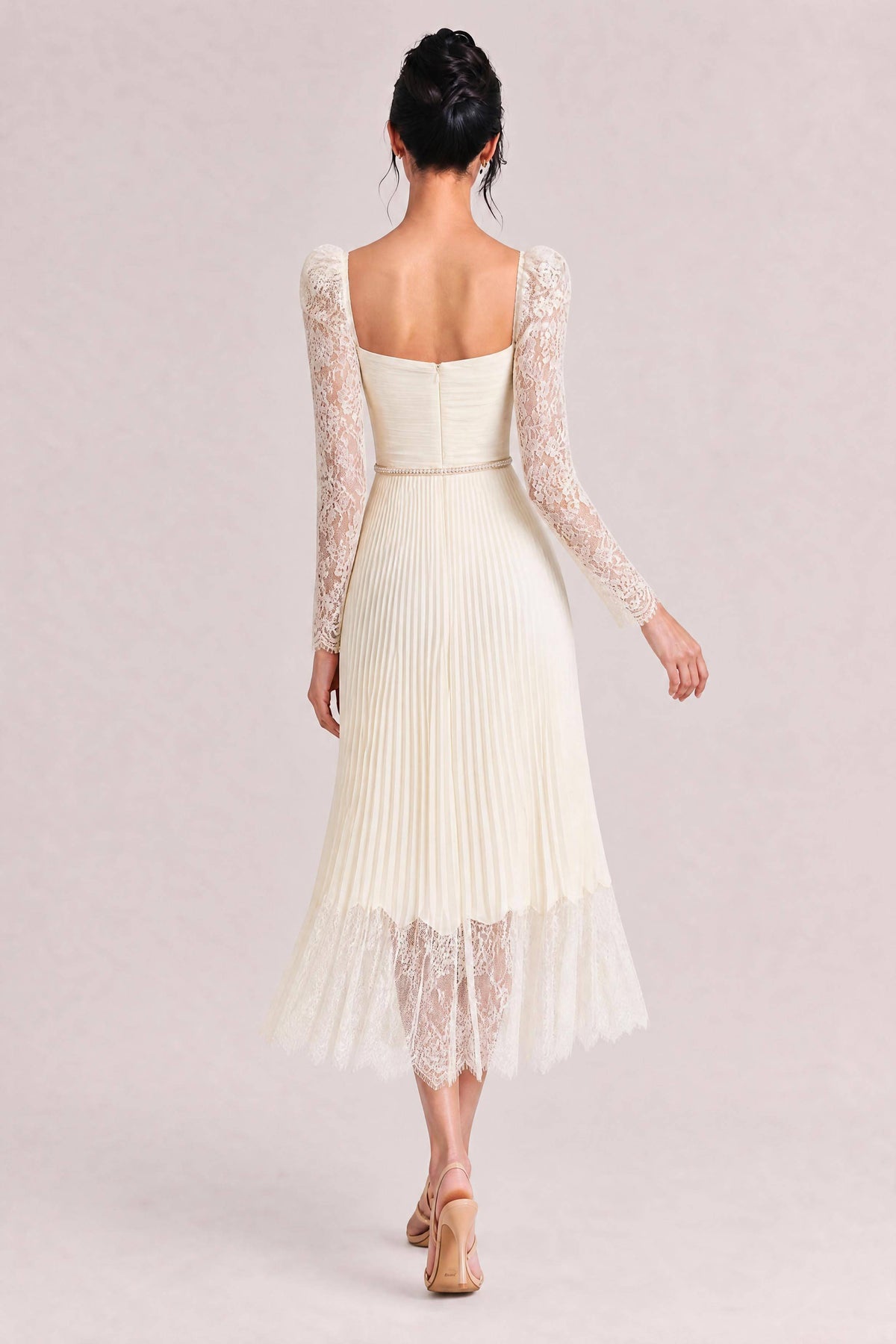 Rice White Lace Long Sleeve Square Neck Cutout Bow Pleated Midi Dress