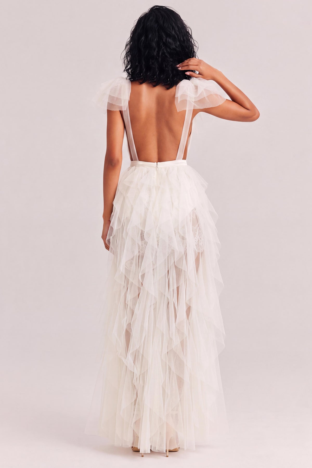 Deep V Lace Flying Sleeve Waist Irregular Split Multi-layer Mesh Long Wedding Dress
