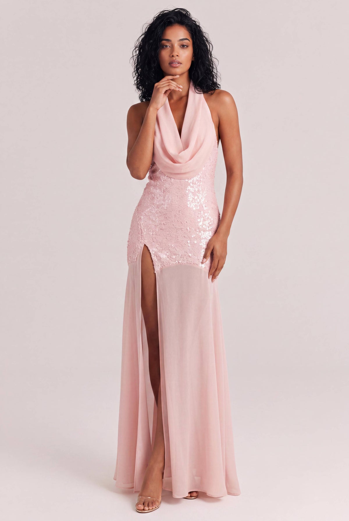 Pink Satin Swing Neck Hanging Sequin Stitching High Split Slim Long Dress