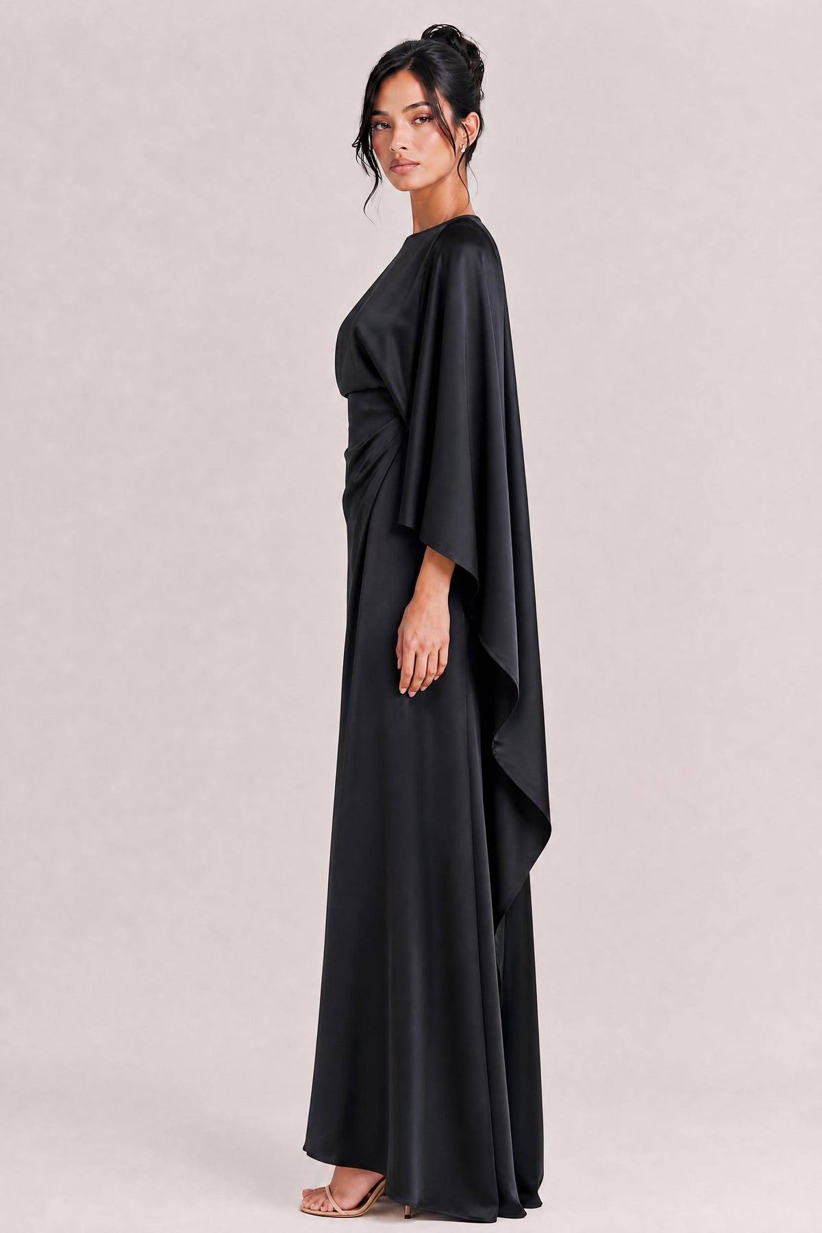 Elegant Satin Pleated Batwing Sleeve Maxi Dress