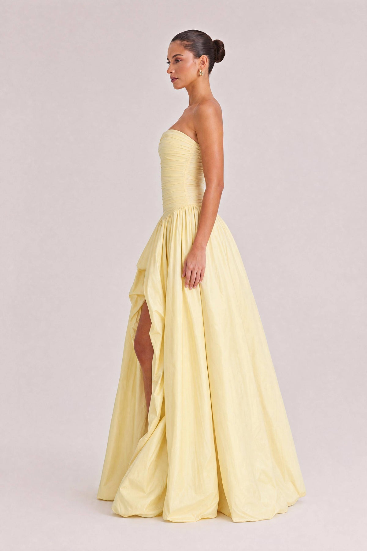 Elegant Strapless Ruched High-Slit Ball Gown Maxi Dress