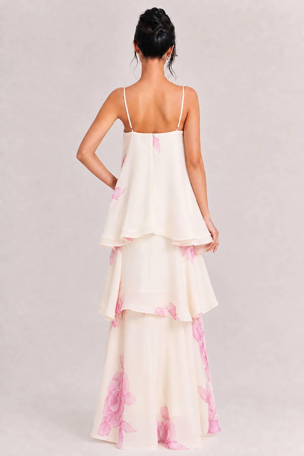 Elegant Floral Tiered Ruffle High-Low Organza Maxi Dress