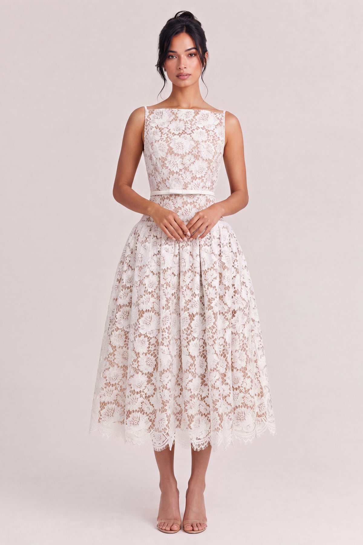 French Boat Neck Hollow Floral Lace Dress High Waist Satin Belt Umbrella Swing Date Light Wedding Dress