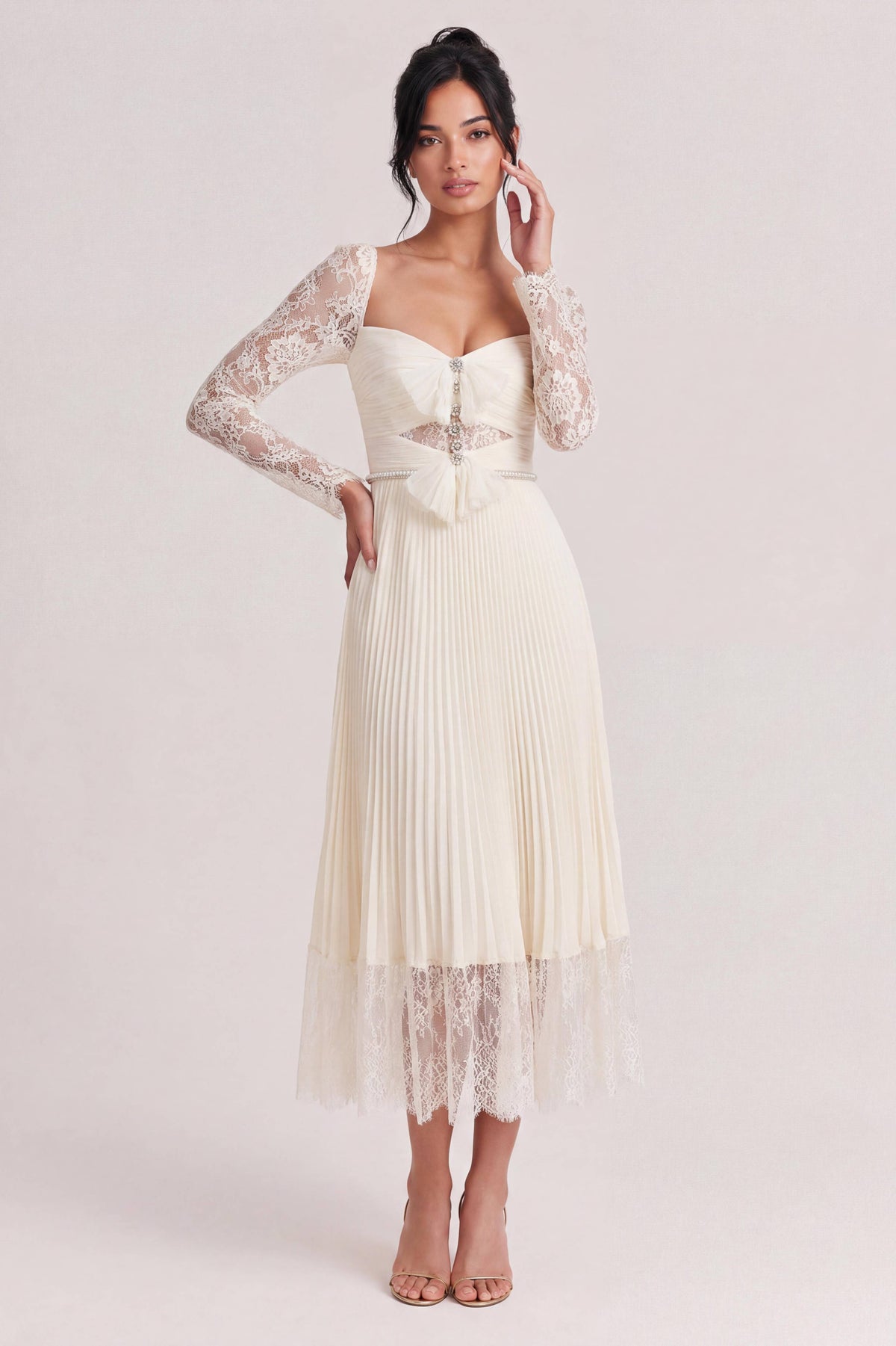 Rice White Lace Long Sleeve Square Neck Cutout Bow Pleated Midi Dress