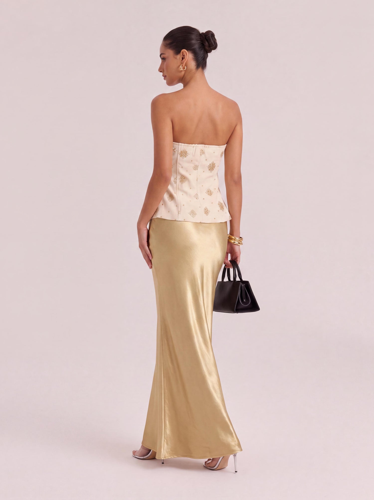 Embroidered Strapless Bustier & High-Waisted Flare Gown