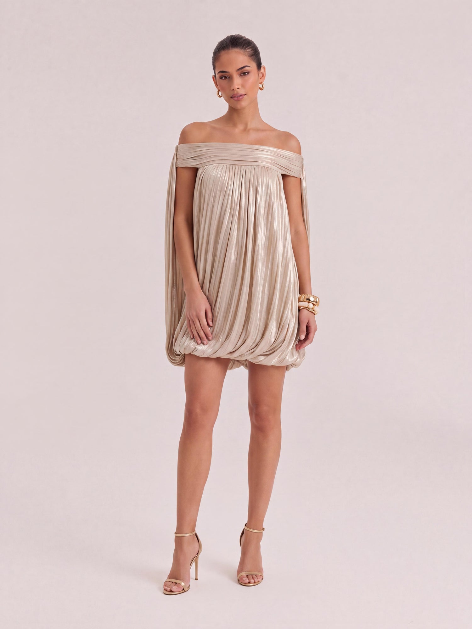 Elegant Off-Shoulder Pleated Bubble Mini Dress With Sheer Mesh Panels