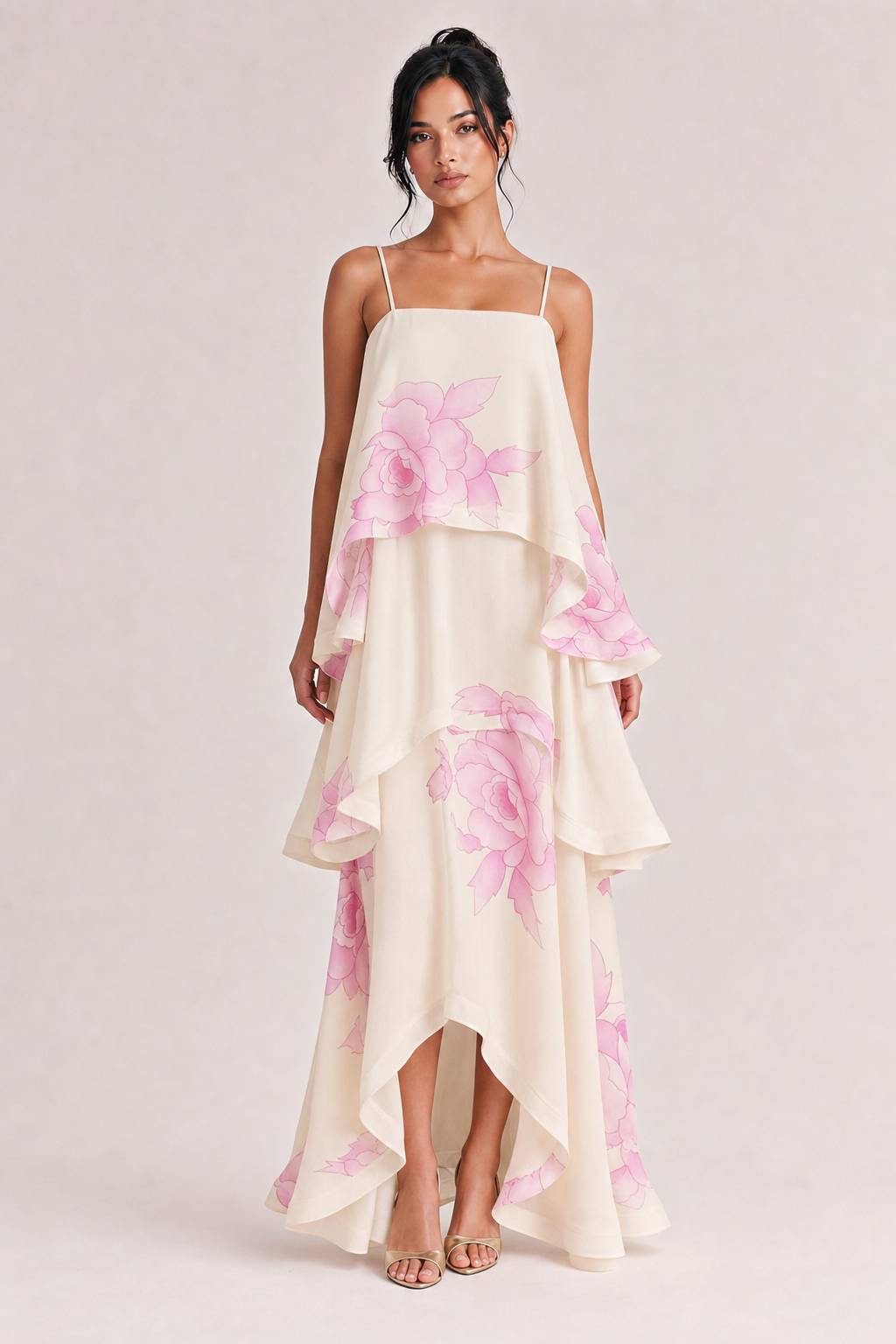 Elegant Floral Tiered Ruffle High-Low Organza Maxi Dress