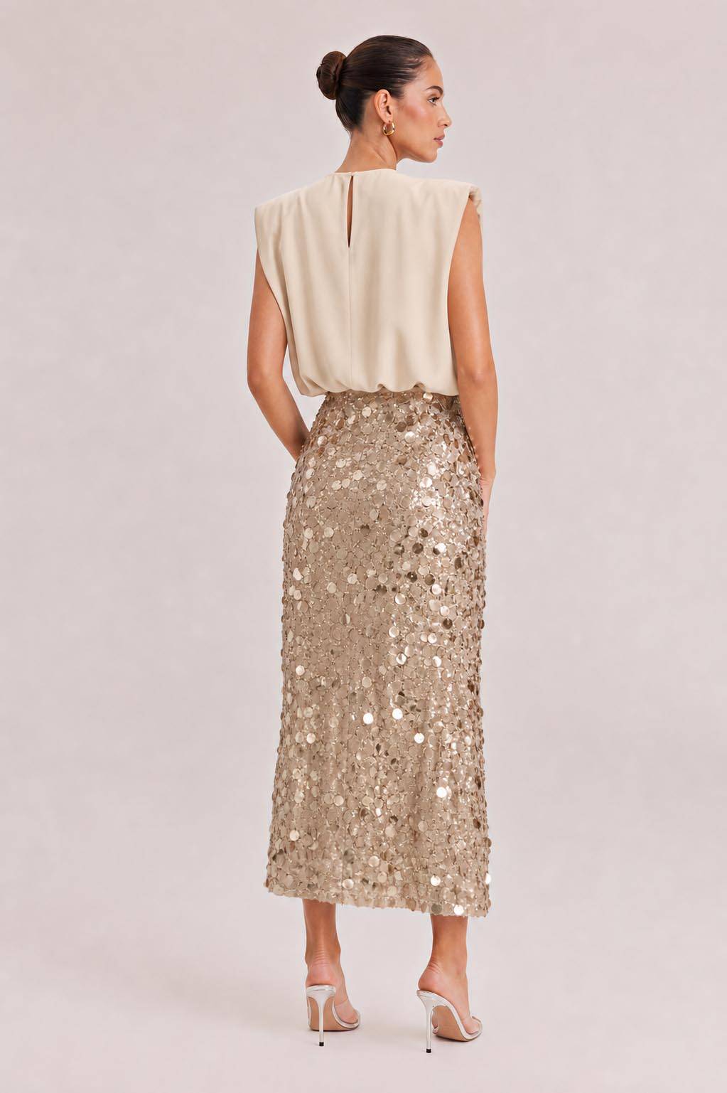 Elegant Sleeveless Blouse & Sequin Midi Skirt Two-Piece Set