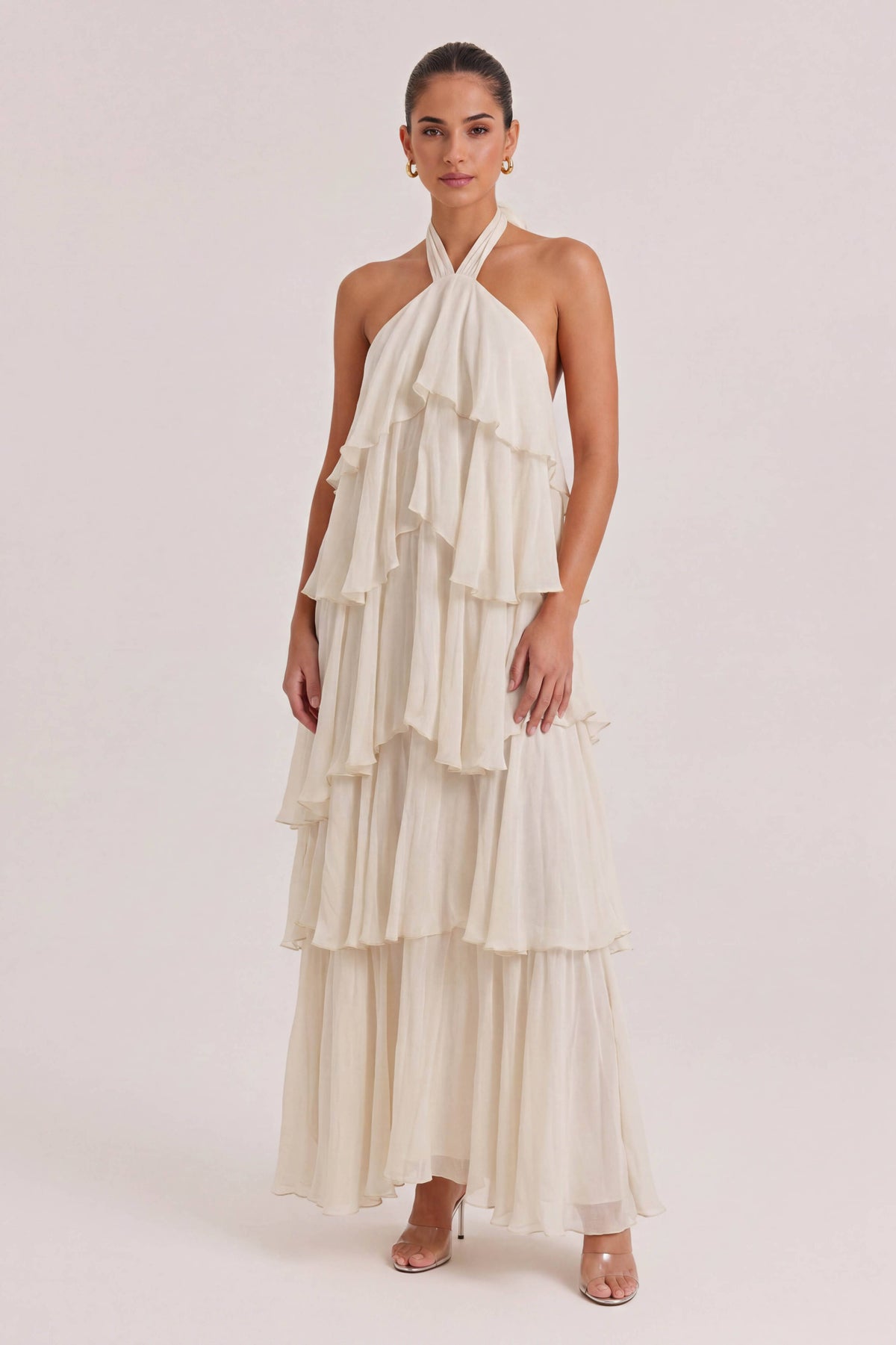 Elegant Halterneck Ruffled Tiered Maxi Dress