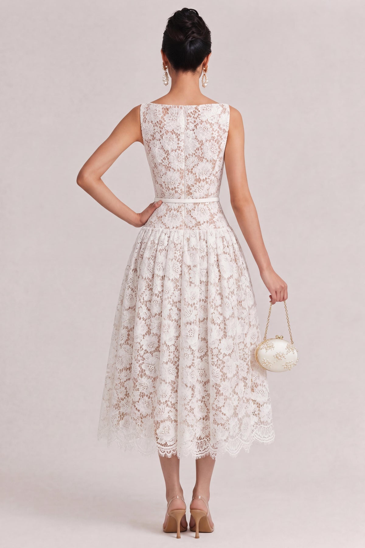 French Boat Neck Hollow Floral Lace Dress High Waist Satin Belt Umbrella Swing Date Light Wedding Dress
