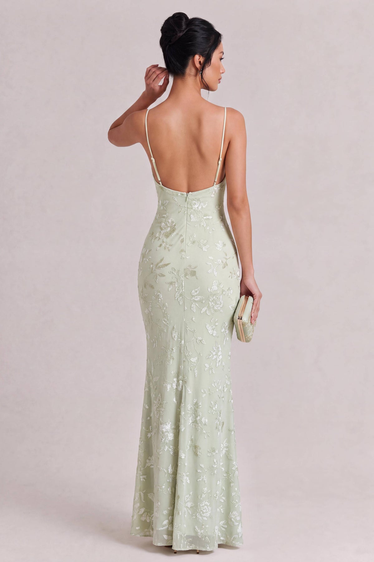 Light Green Flocking Floral Fine Sling V-neck Backless Slim-fit Fishtail Long Dress