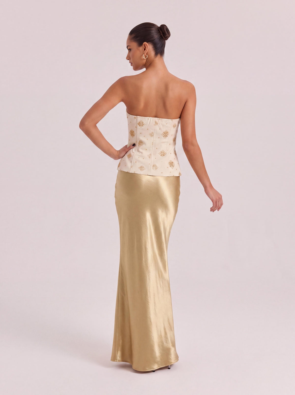 Embroidered Strapless Bustier & High-Waisted Flare Gown
