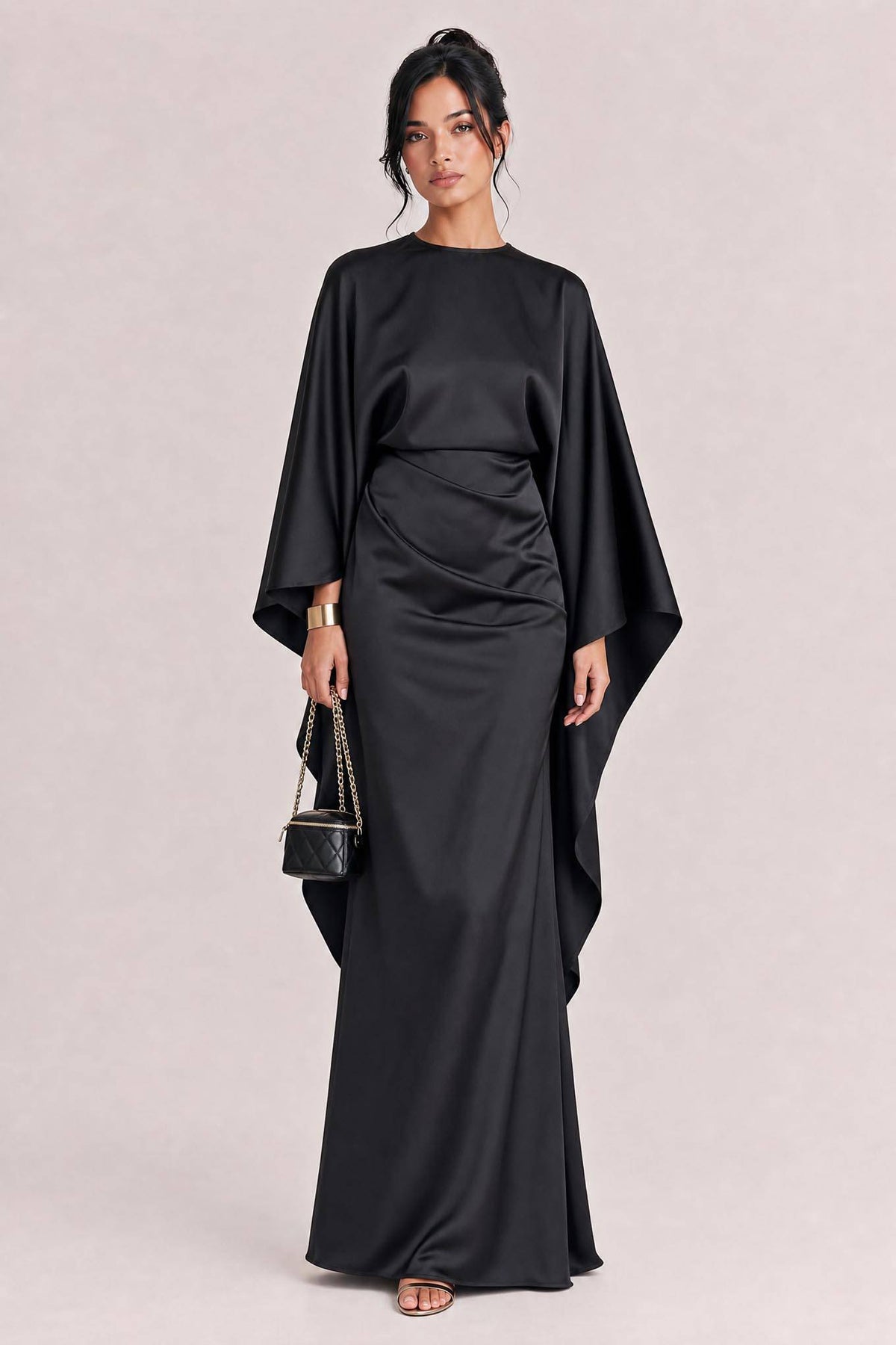Elegant Satin Pleated Batwing Sleeve Maxi Dress