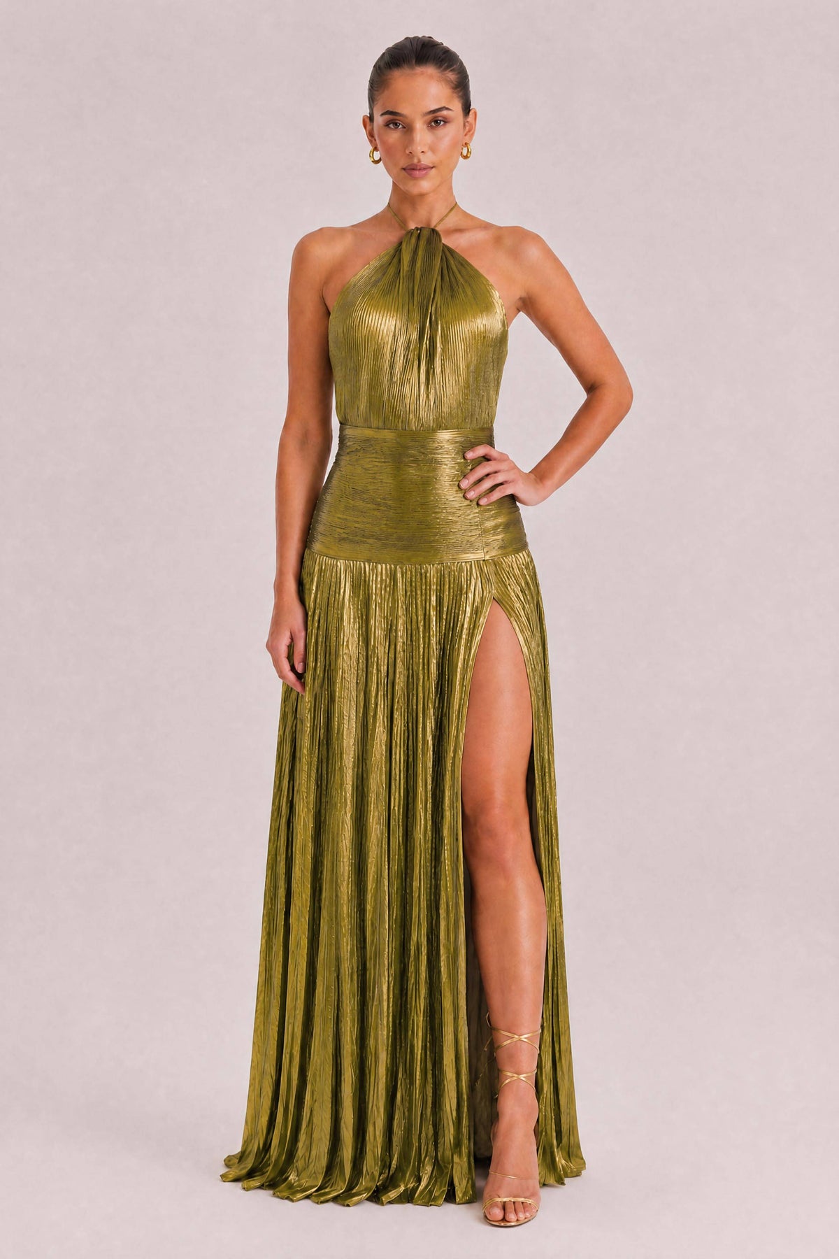 Elegant Metallic Pleated Halter Neck Maxi Dress