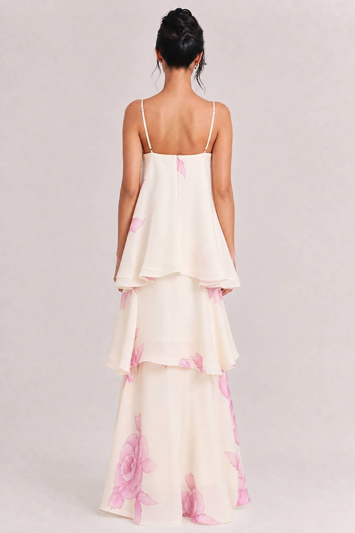Elegant Floral Tiered Ruffle High-Low Organza Maxi Dress