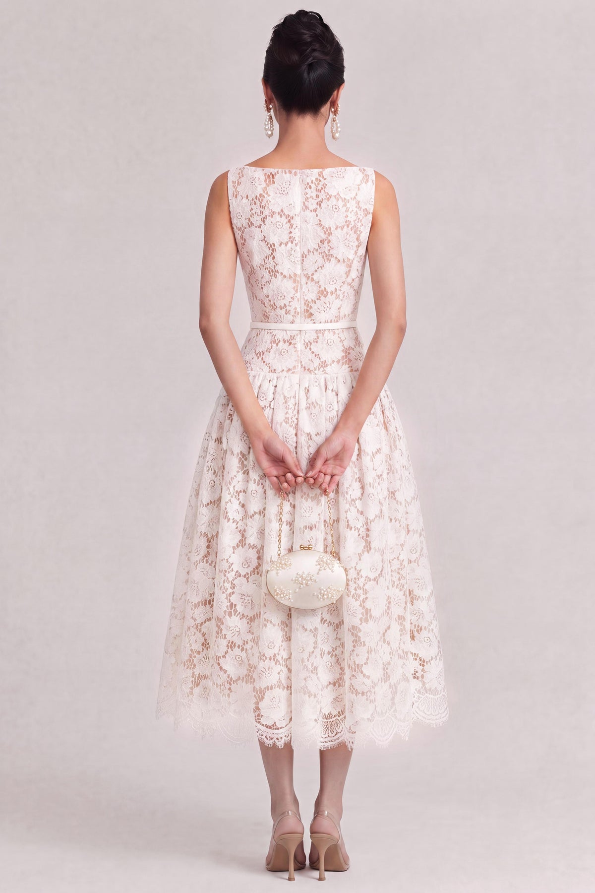 French Boat Neck Hollow Floral Lace Dress High Waist Satin Belt Umbrella Swing Date Light Wedding Dress