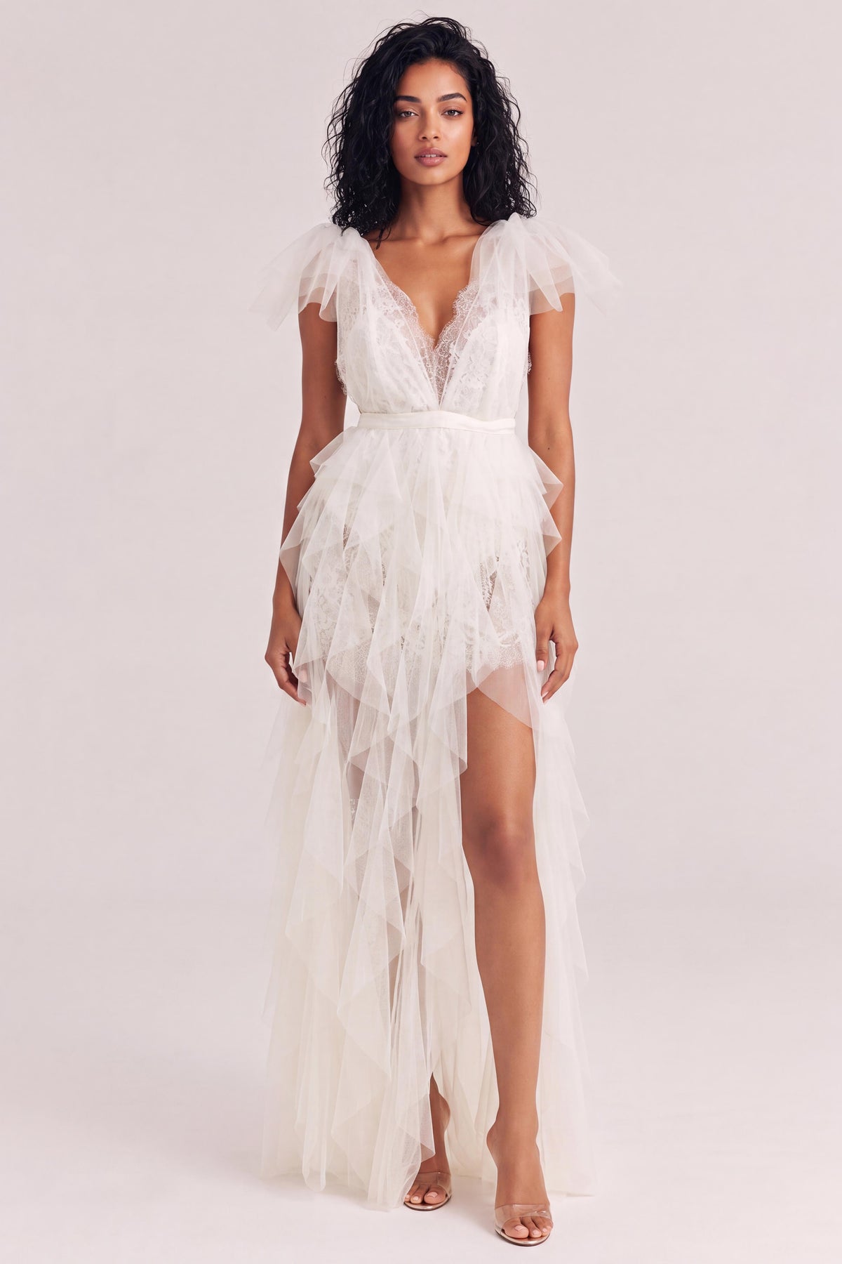 Deep V Lace Flying Sleeve Waist Irregular Split Multi-layer Mesh Long Wedding Dress