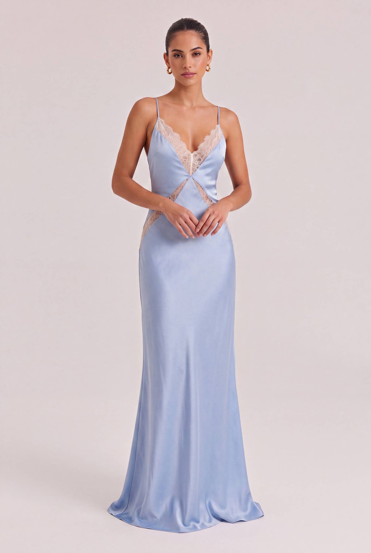 Light Blue Satin Lace V-neck Thin Strap Tight Waist High Split Slim-fit Long Dress