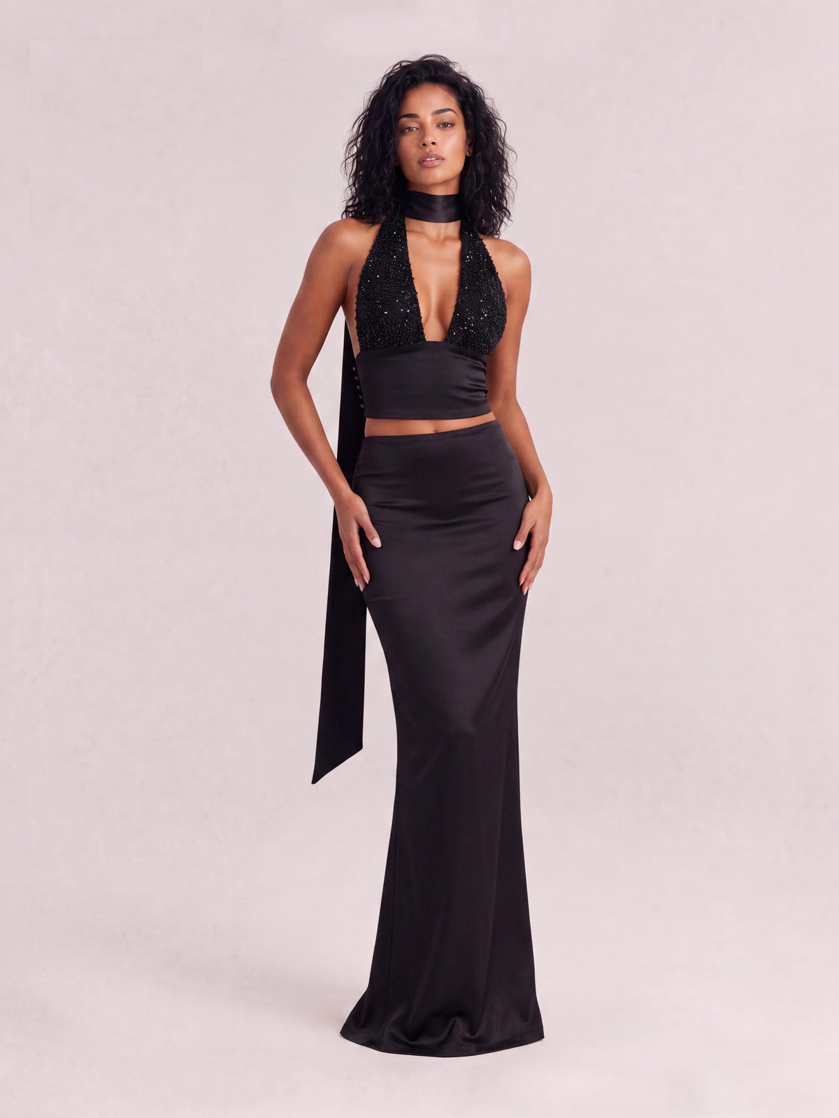 Chic Black Beaded Halter Top And High-Waisted Satin Skirt Co-ord Set