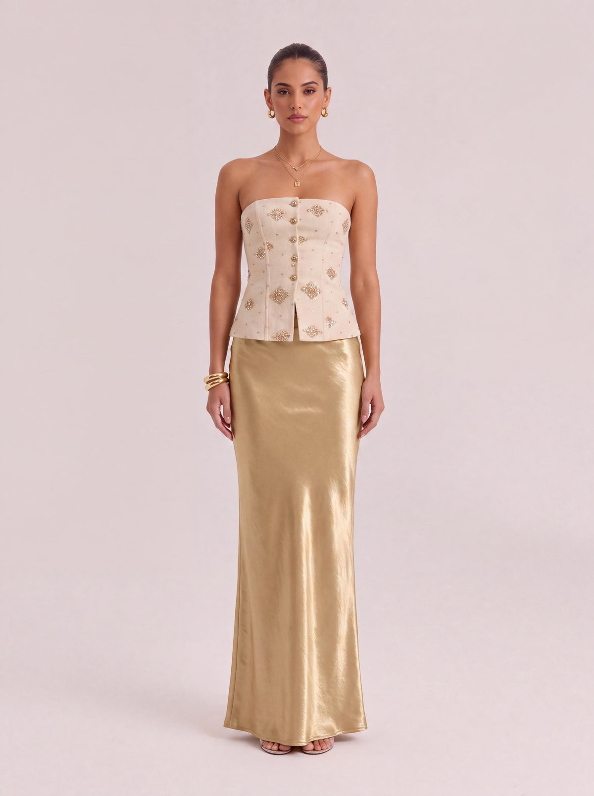 Embroidered Strapless Bustier & High-Waisted Flare Gown