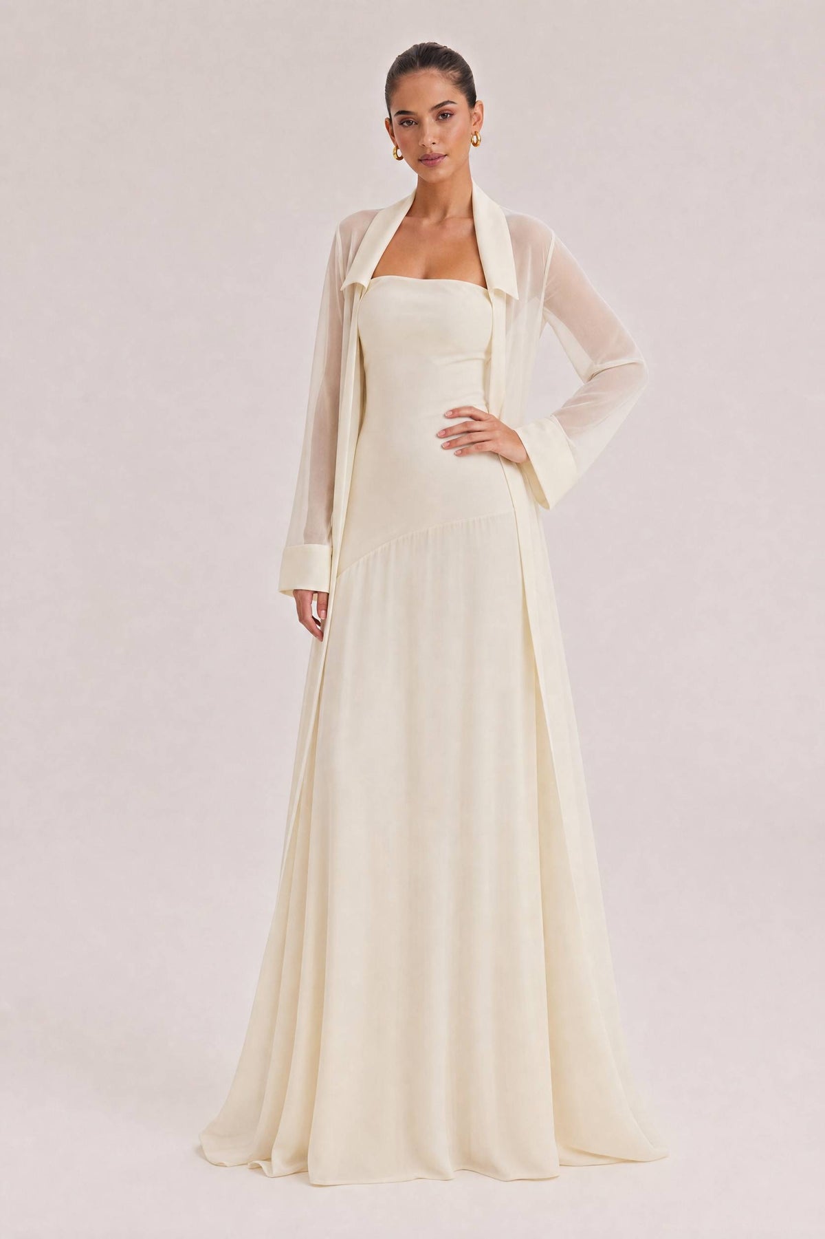 Elegant Satin Maxi Dress & Long Sheer Chiffon Cover-Up Two-Piece Set