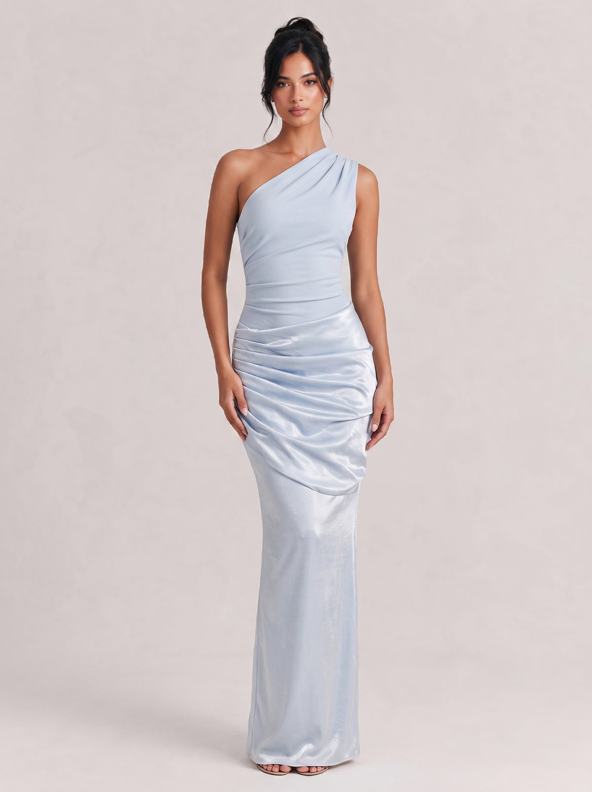 Oblique One-Shoulder Pleated Satin Fishtail Long Dress