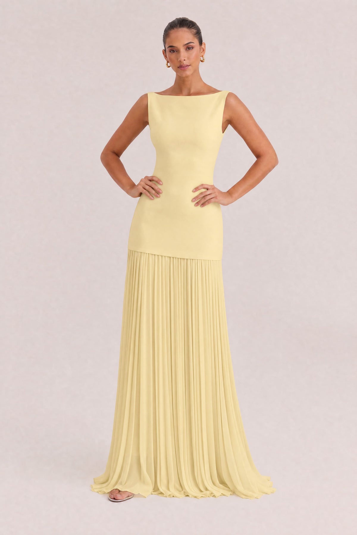 Elegant Pleated Classic Boat Neck Pleated Maxi Dress