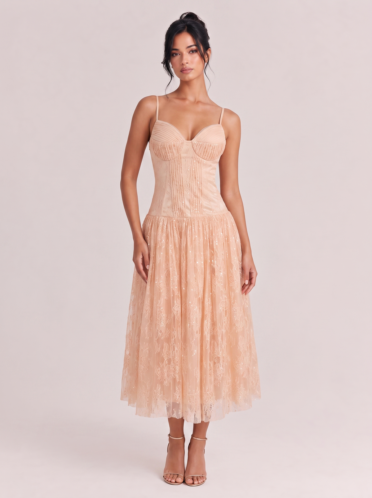 Elegant Champagne Pink Sequin Lace Spaghetti Strap Midi Dress