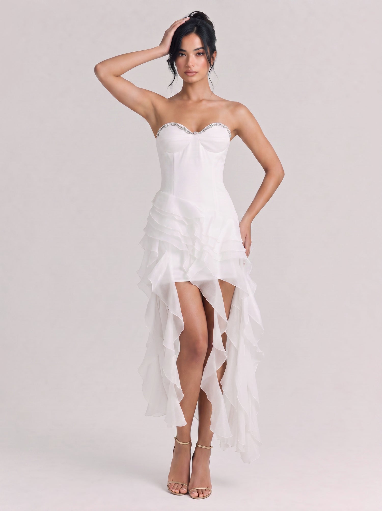 Elegant White Strapless Ruffled High-Low Gown With Crystal Trim