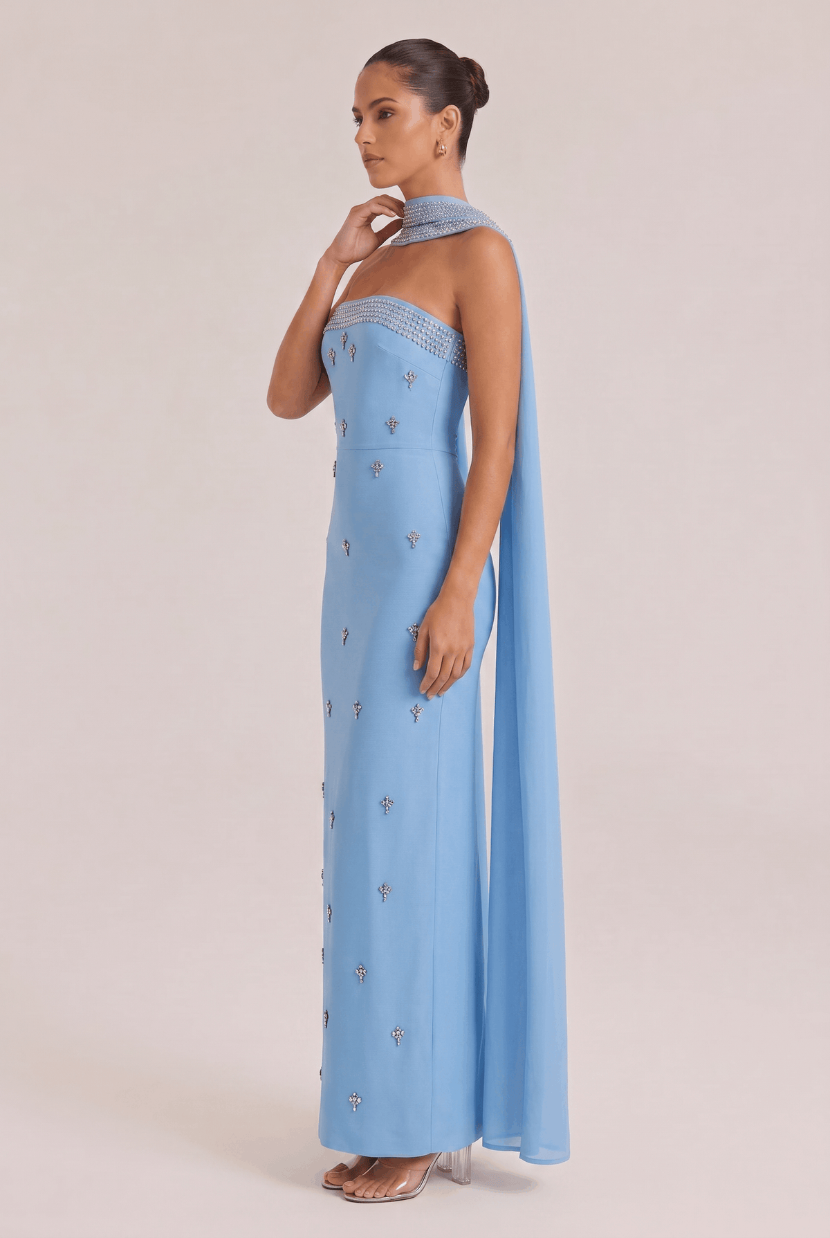 Sky Blue Strapless Nail Drill Long Dress