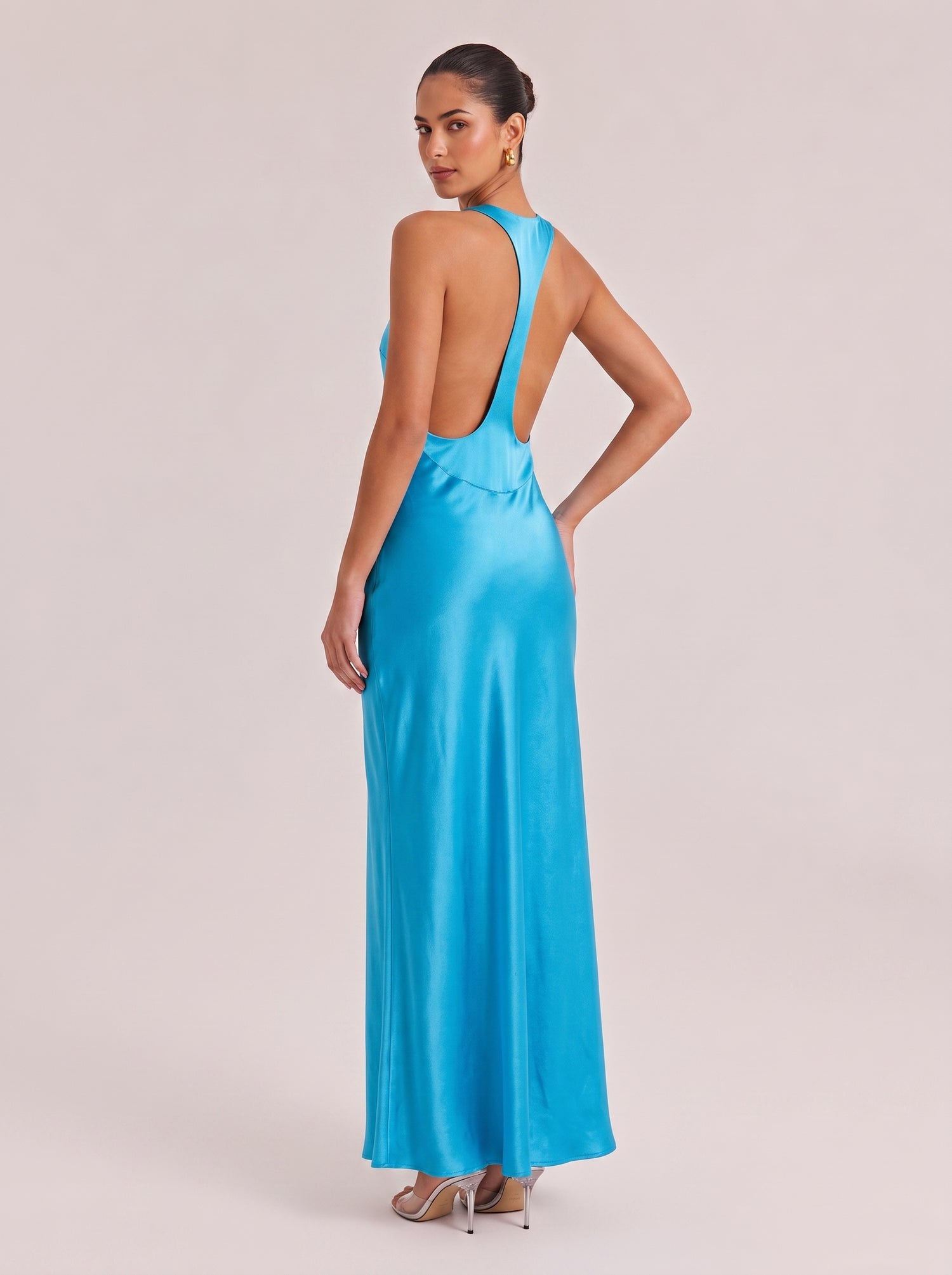 Electric Blue Satin Halter Maxi Dress Backless Slip Gown