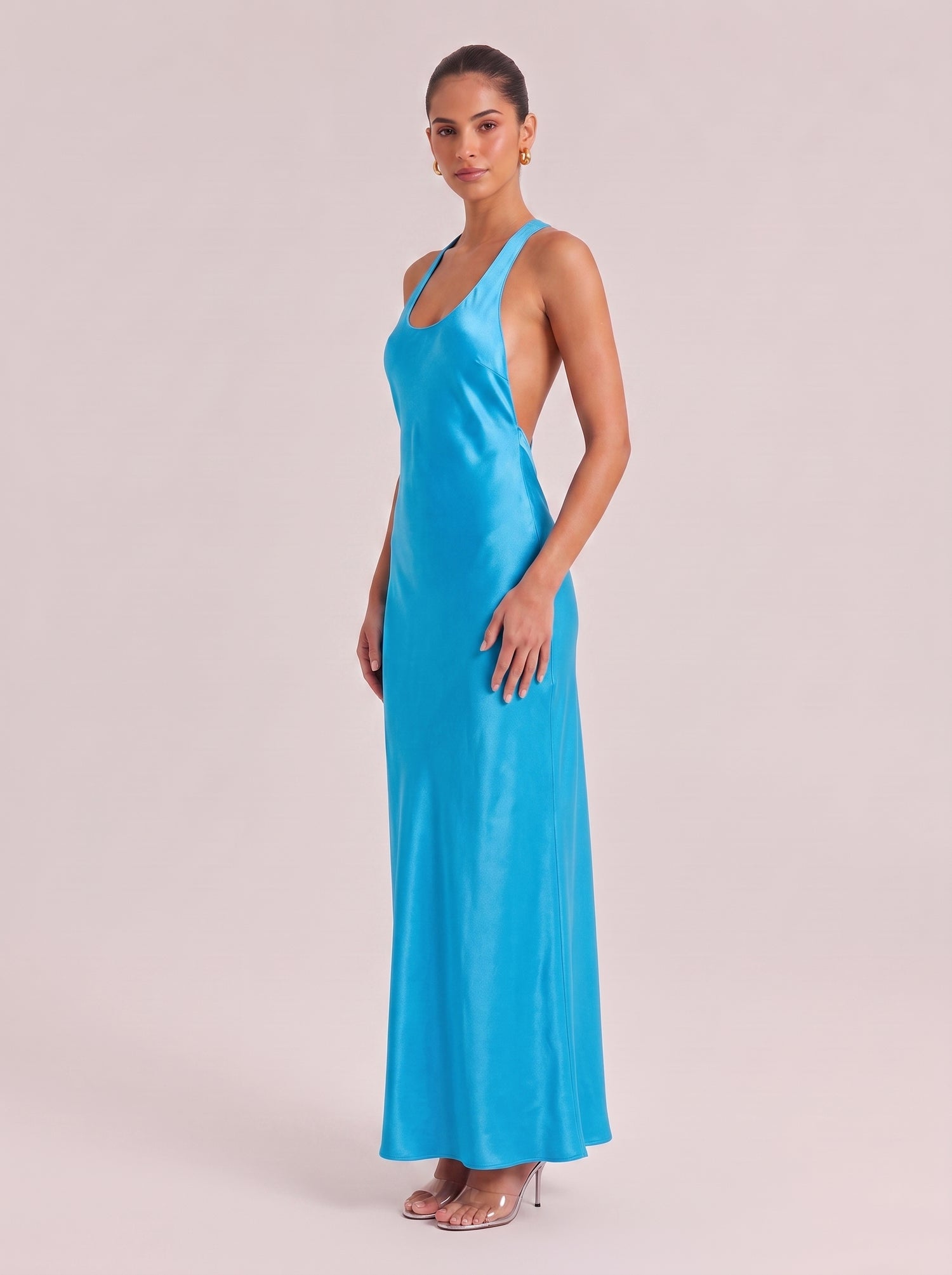Electric Blue Satin Halter Maxi Dress Backless Slip Gown
