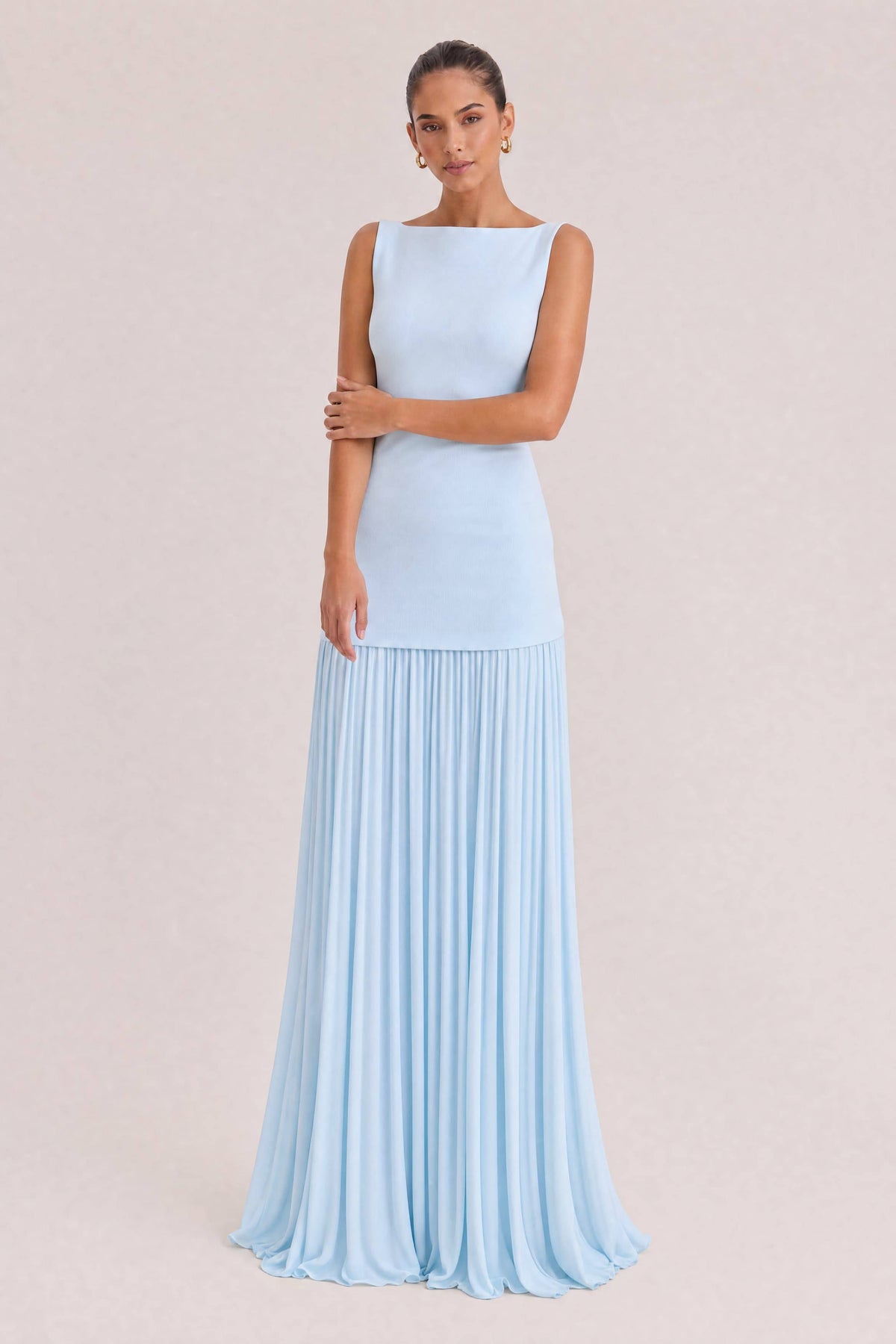 Elegant Pleated Classic Boat Neck Pleated Maxi Dress