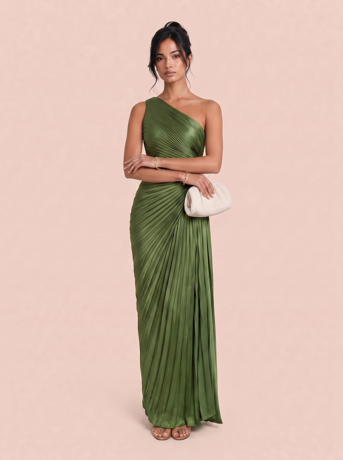 One Shoulder Crossneck Pleated Twisted Satin Long Evening Gown