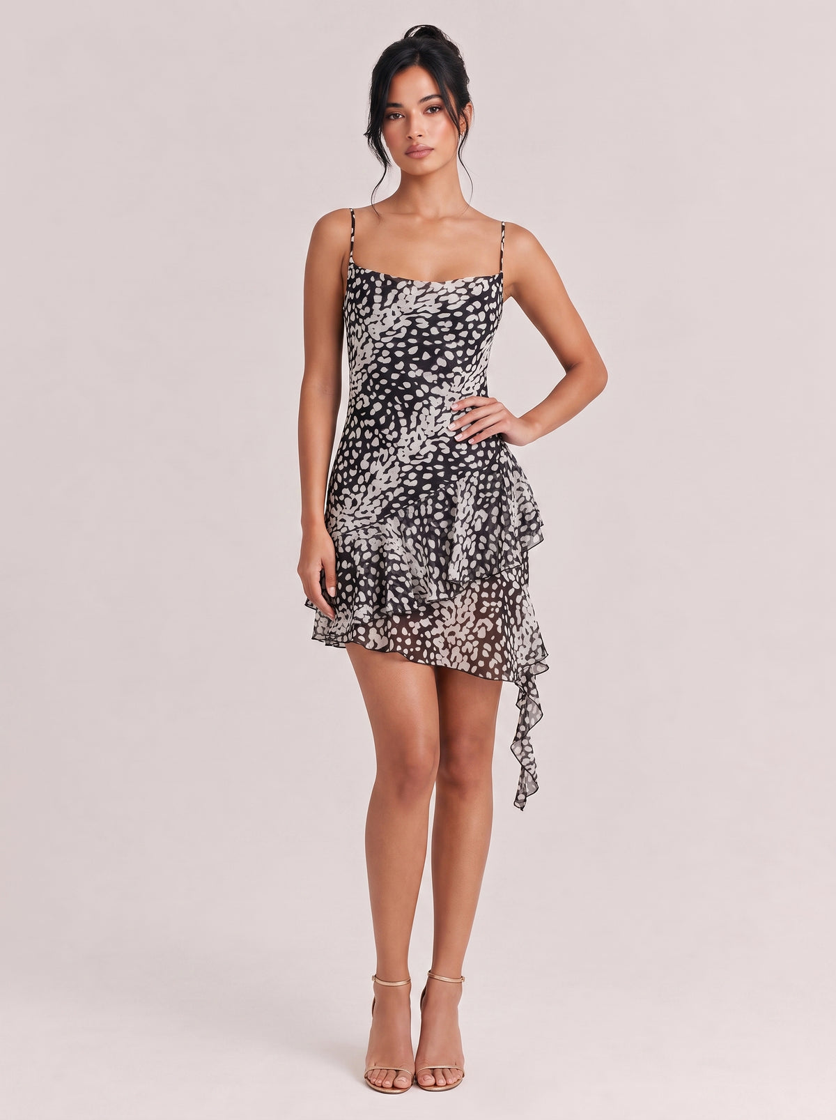 Leopard-Print Swing-Neck Strap Short Dress With Irregular Ribbon