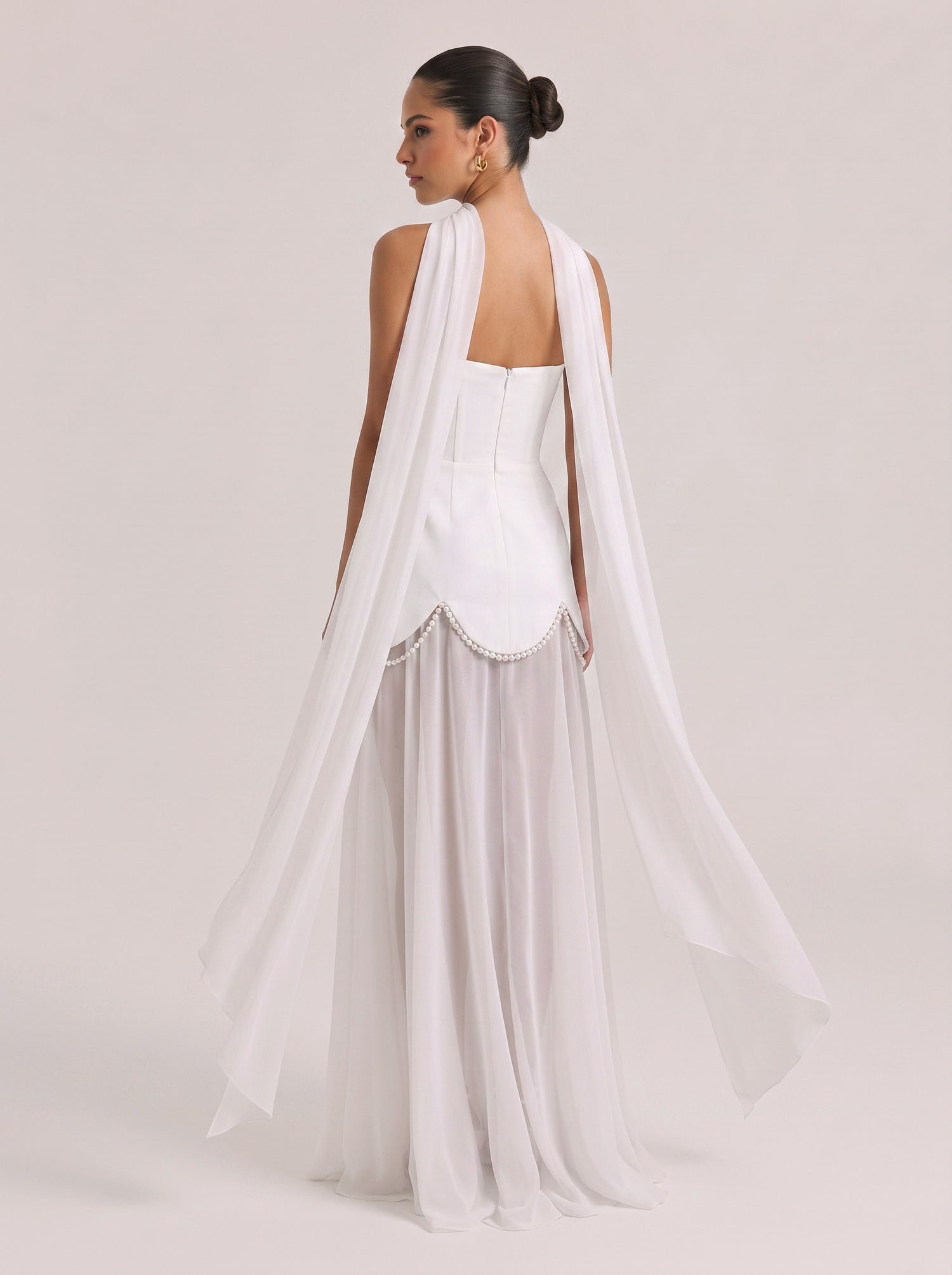 Strapless Shoulder Satin Pearl Stitching Chiffon Long Light Wedding Dress
