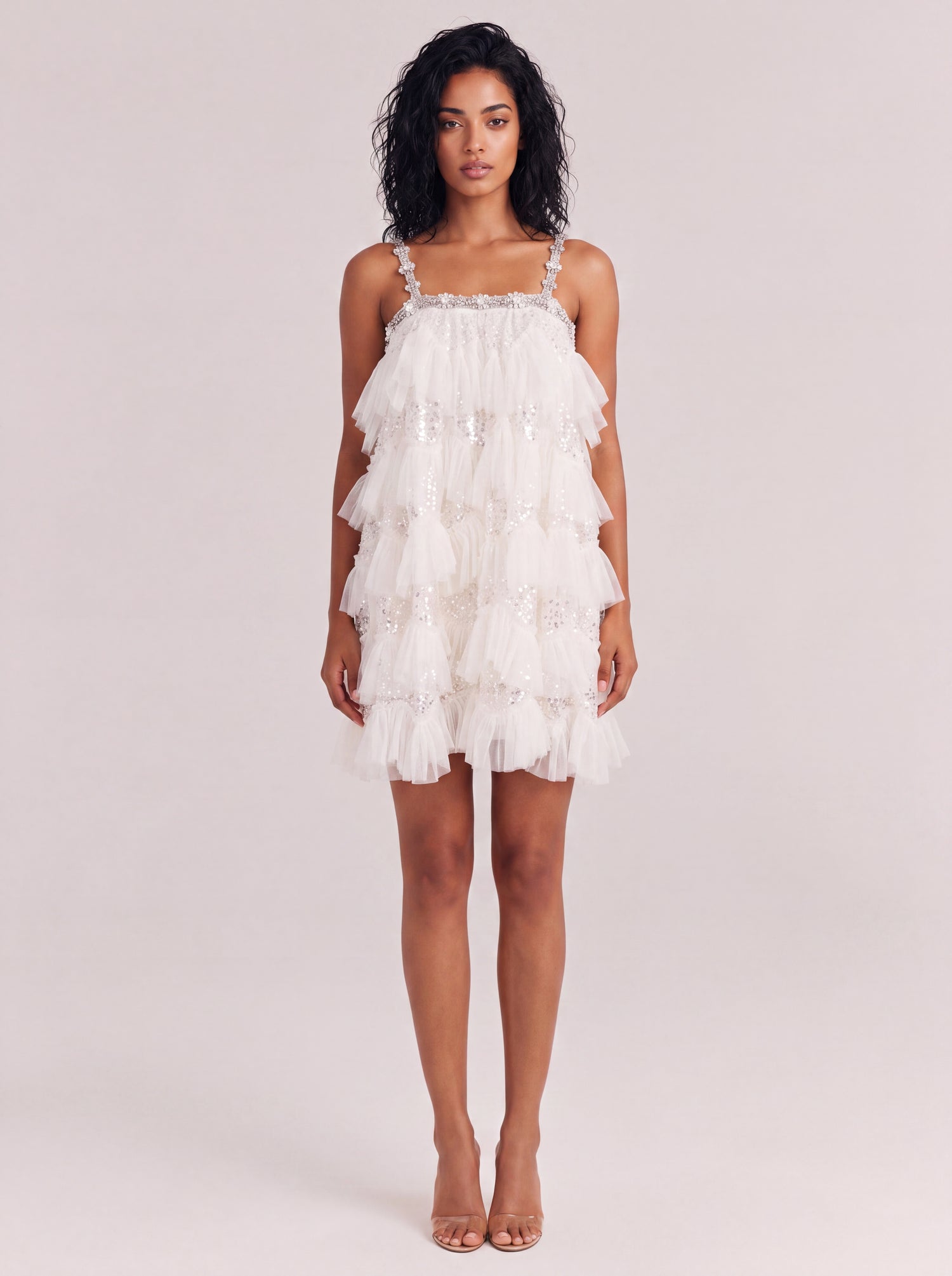 Luxurious Beaded Tulle Tiered Mini Dress With Crystal-Embellished Straps