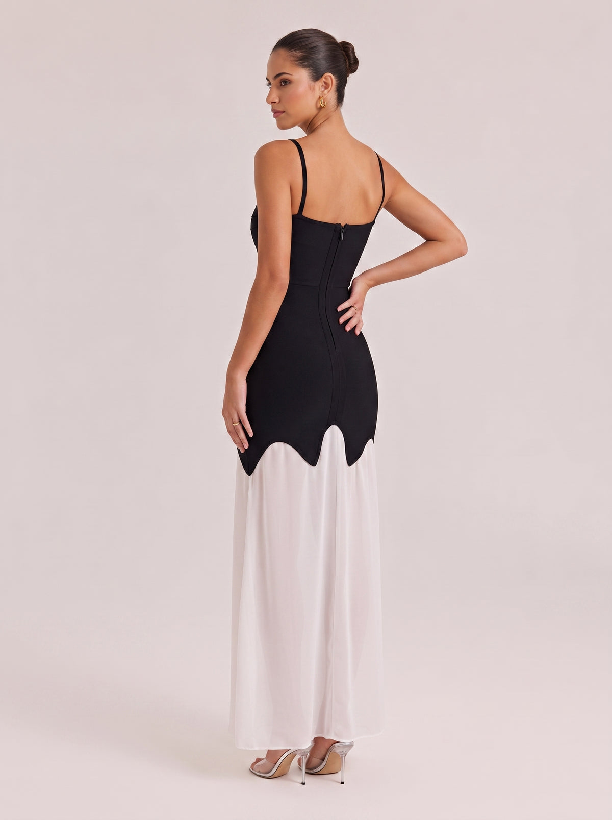 Elegant Black & White Strapless Mermaid Gown With Pearl Trim & Sheer Skirt