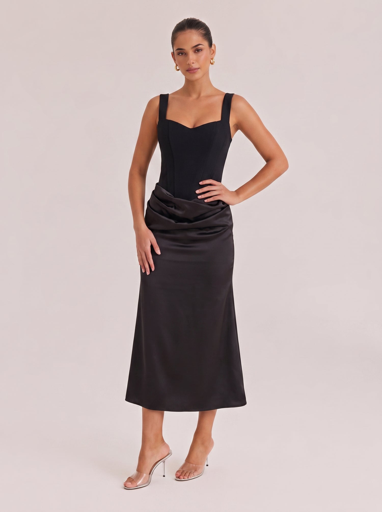 Elegant French-Style Corset Waist Slimming Satin Spliced Slip Dress