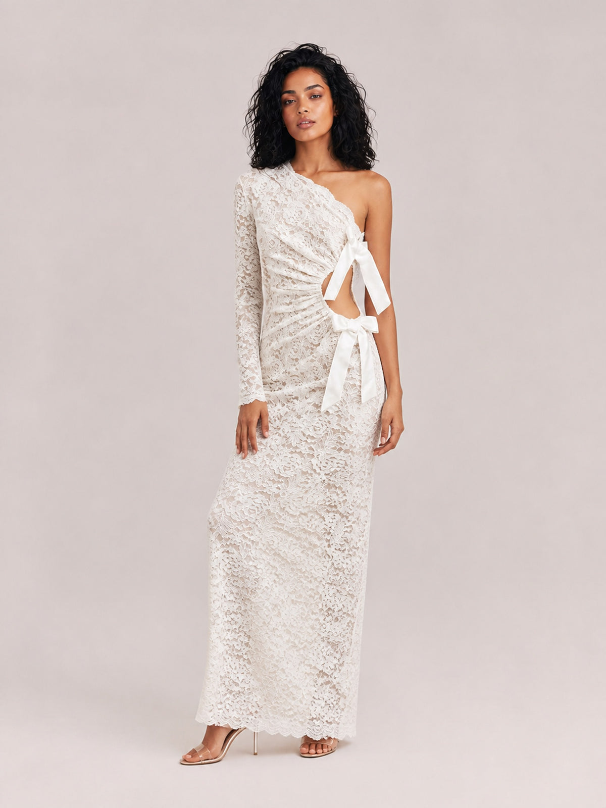 White Lace Shoulder Long Sleeve Cut-out Waist Bow Pleated Fishtail Dress