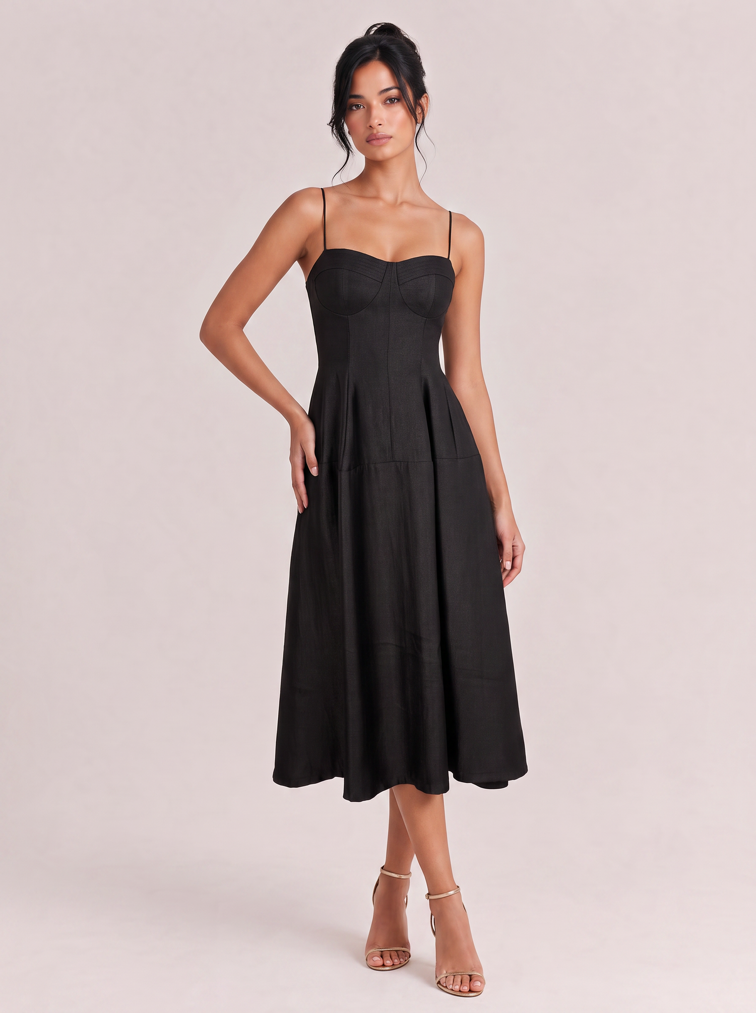 Elegant Black Spaghetti Strap A-Line Midi Dress With Structured Bodice & Flowing Skirt