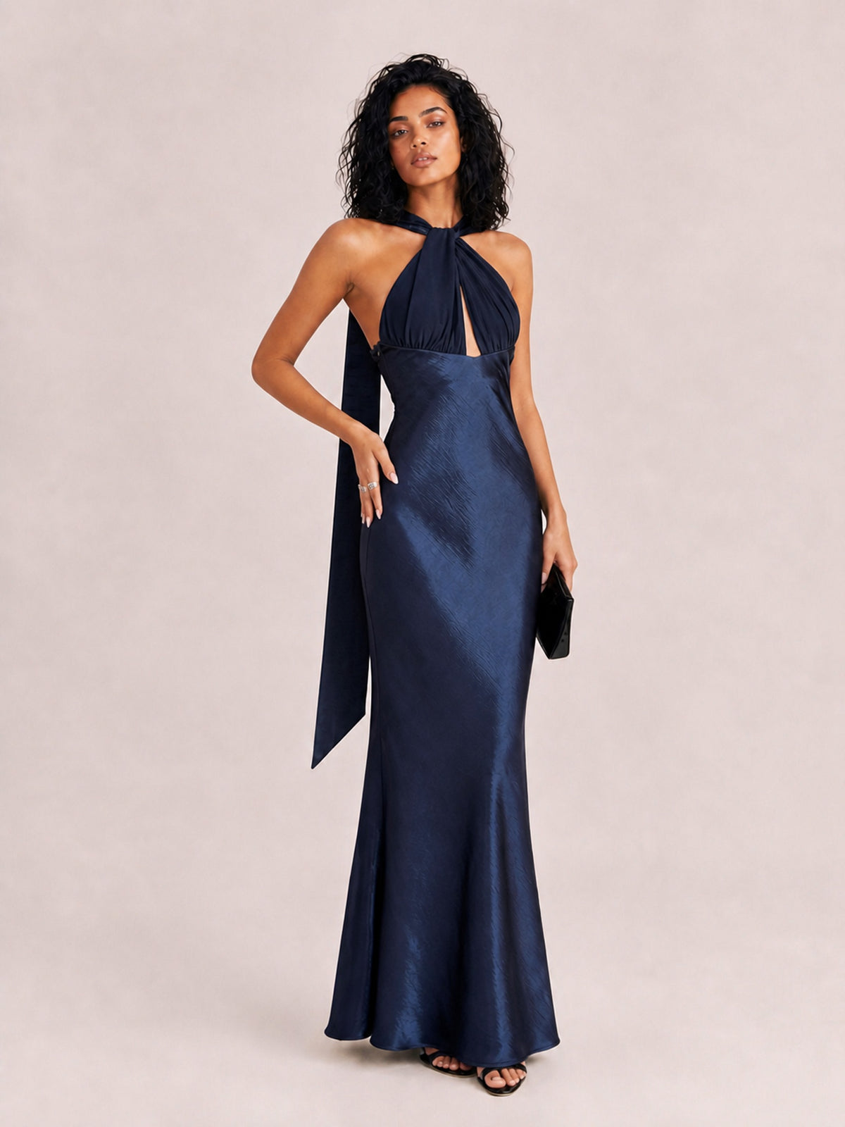 Lustrous Satin Halter Twist Neck Maxi Dress With Side Slit