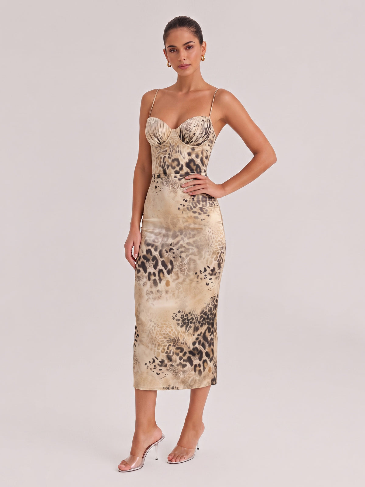 Vintage Leopard-Print Satin Fine Strap Steel Bra Tight-Waist Slim-Fit Mid-Length Dress